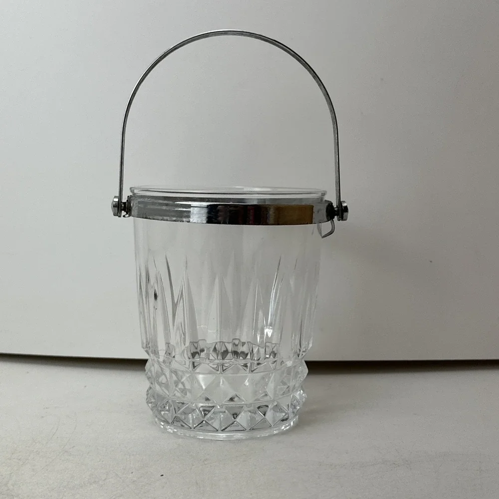 Vintage French Crystal D'Arques Glass Ice Bucket Clear Chrome Handle 5